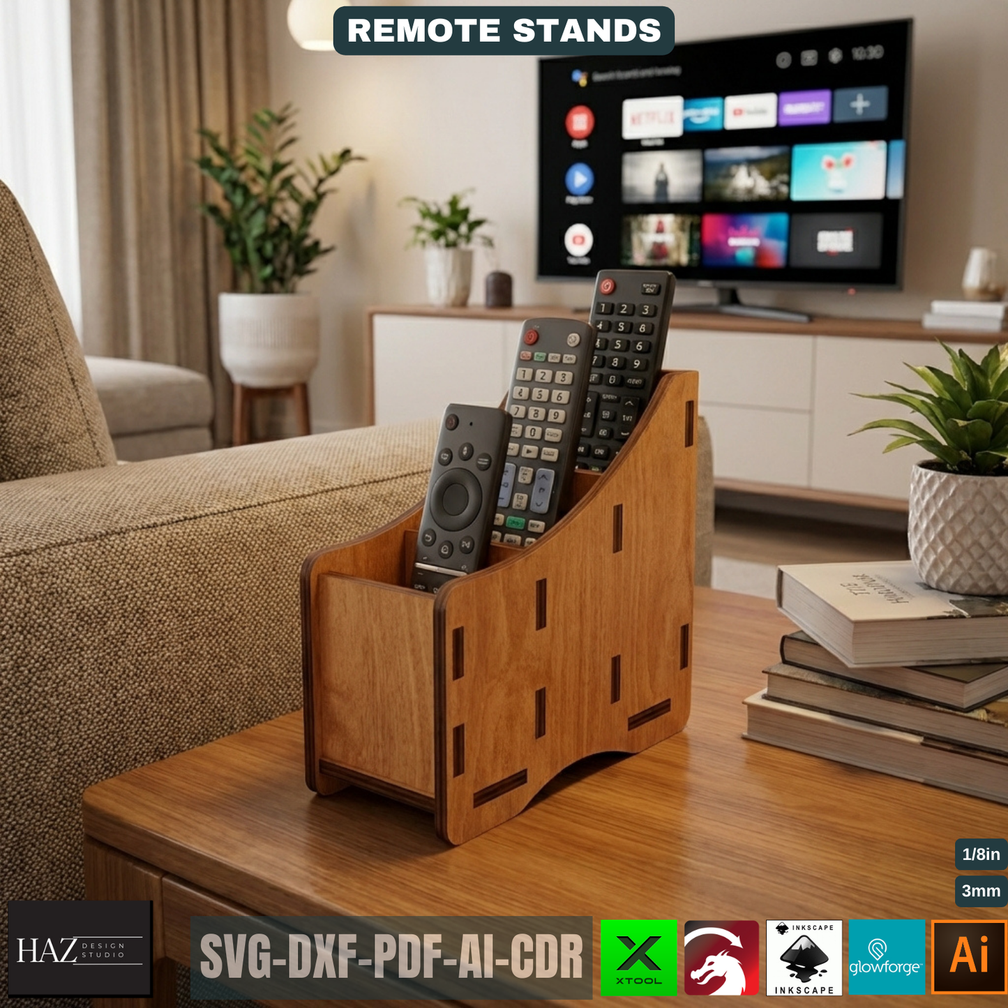 Wooden Remote Control Holder Laser Cut Template, TV Accessory Organizer Pattern, Living Room Desk Storage Plan, Sofa Caddy 520
