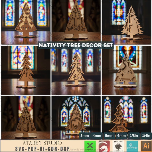Laser Cut Nativity Tree Decor Set, 3D Standing Faith Christmas Ornaments, Wooden Tabletop Cross Tree SVG 966