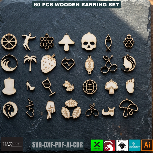 60 Wooden Earring Laser Cut Files SVG Bundle Jewelry Templates Plywood Jewelry Shapes