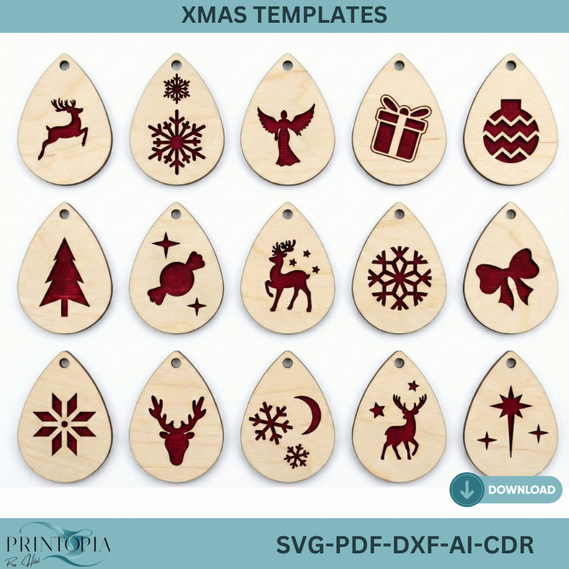 Christmas Teardrop Earrings Laser Cut Bundle, Wood Ornament Templates, Holiday Jewelry Patterns 323