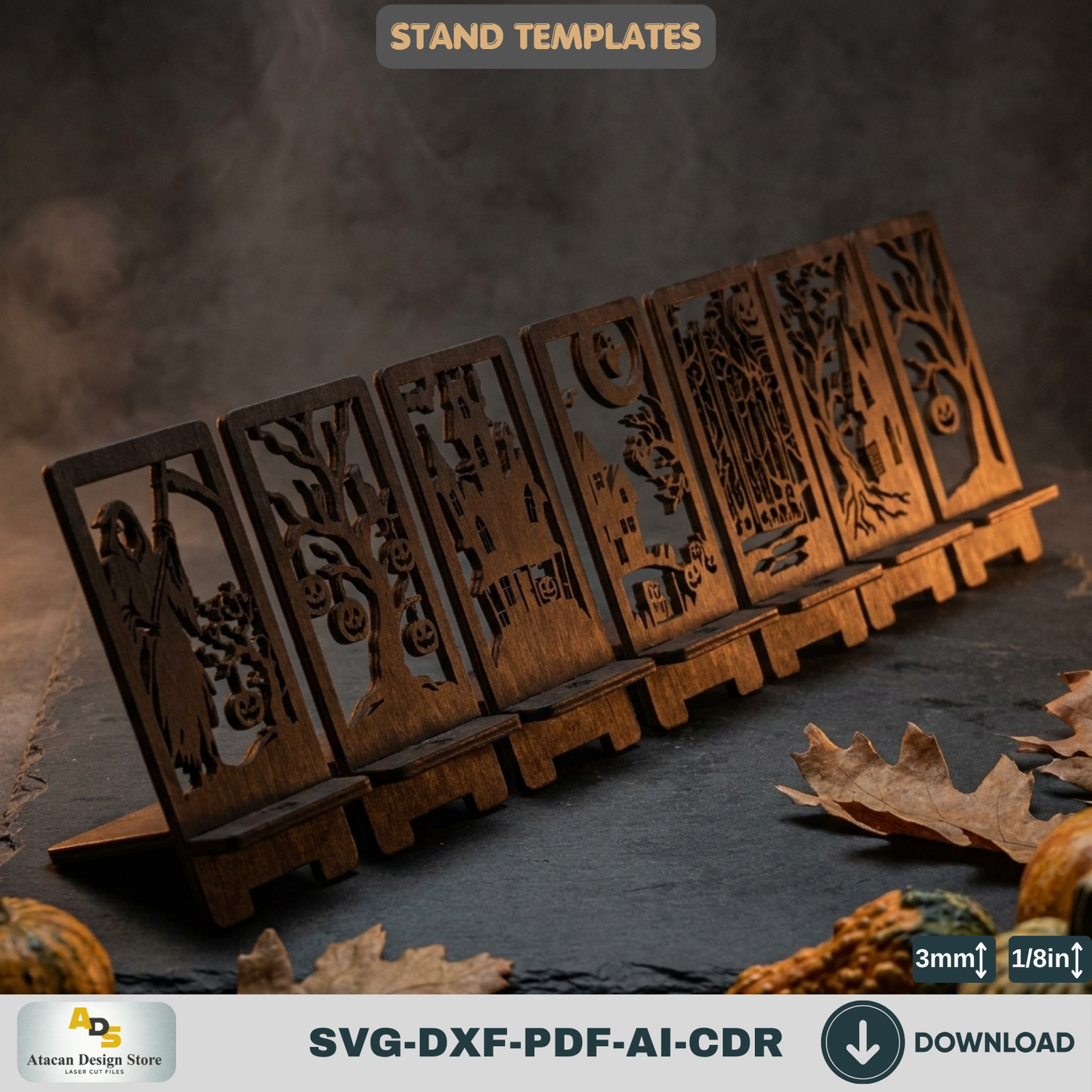 Halloween Stand Laser Cut Template Wooden Plywood Display Spooky Haunted House Phone Holder Pattern