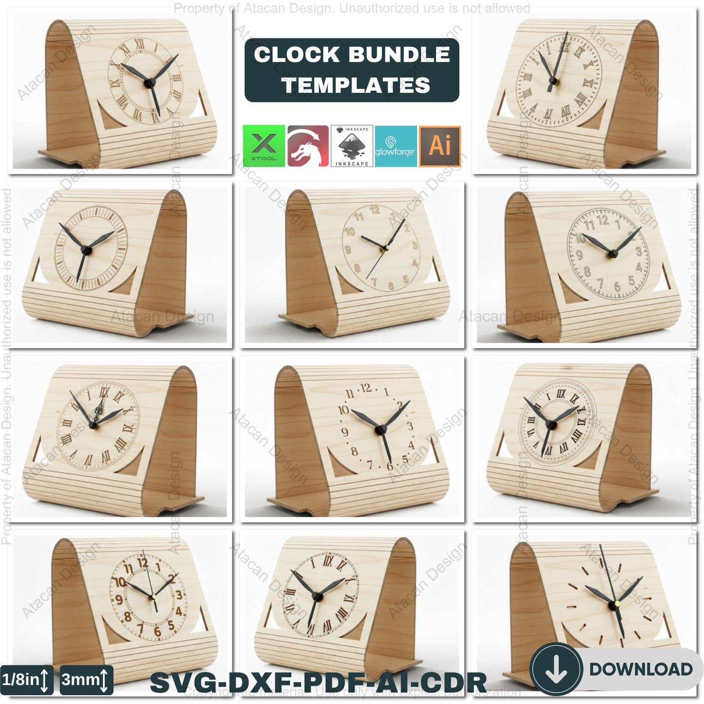 Laser Cut Clocks, Modern Desk Clock Templates, DIY Wooden Table Clock Plans, CNC File for Glowforge, Xtool & Lightburn 914