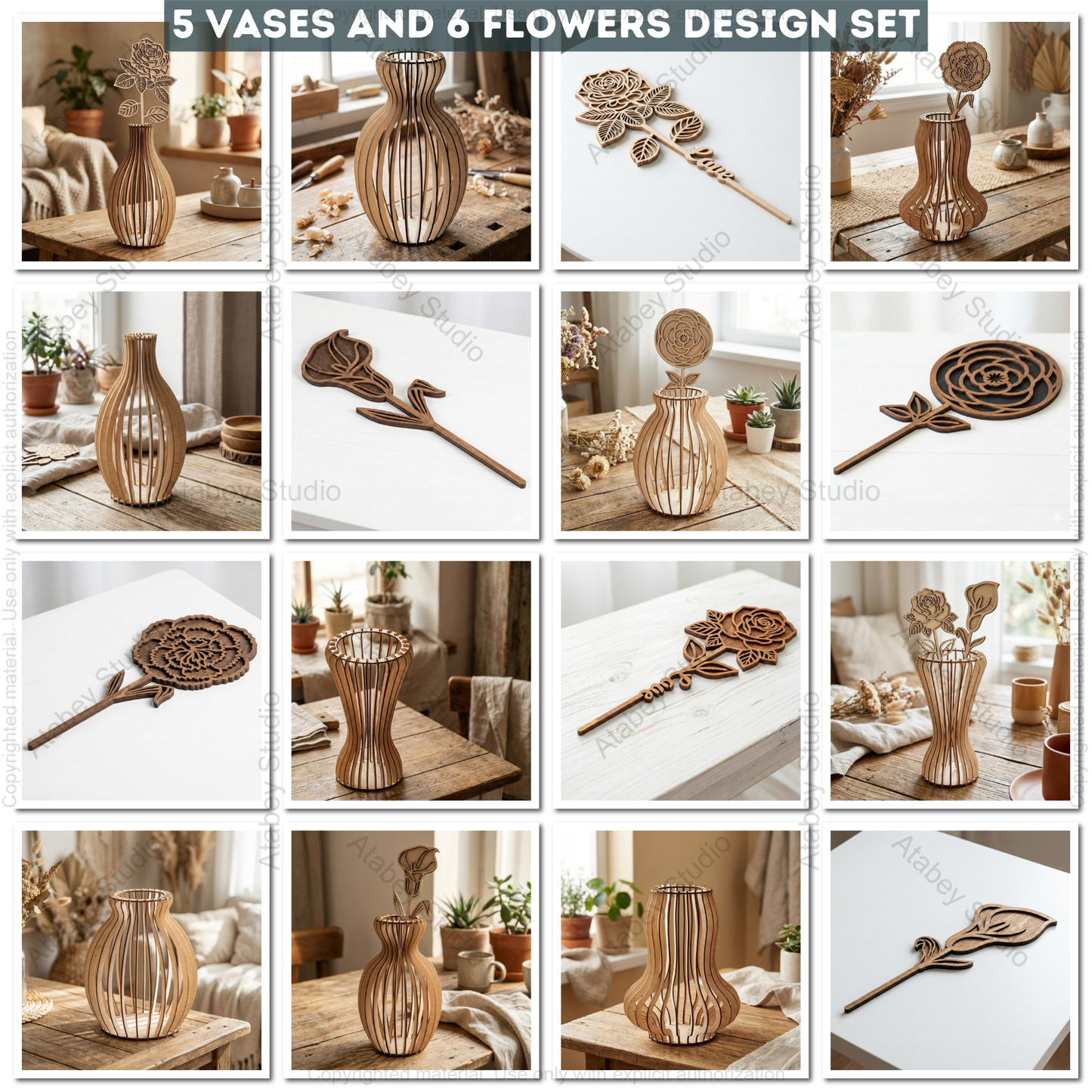 Laser Cut Wooden Vase with Flowers SVG Bundle - 5 Elegant Vases & 6 Wildflower Designs, 3D Layered Floral Table Decor 984