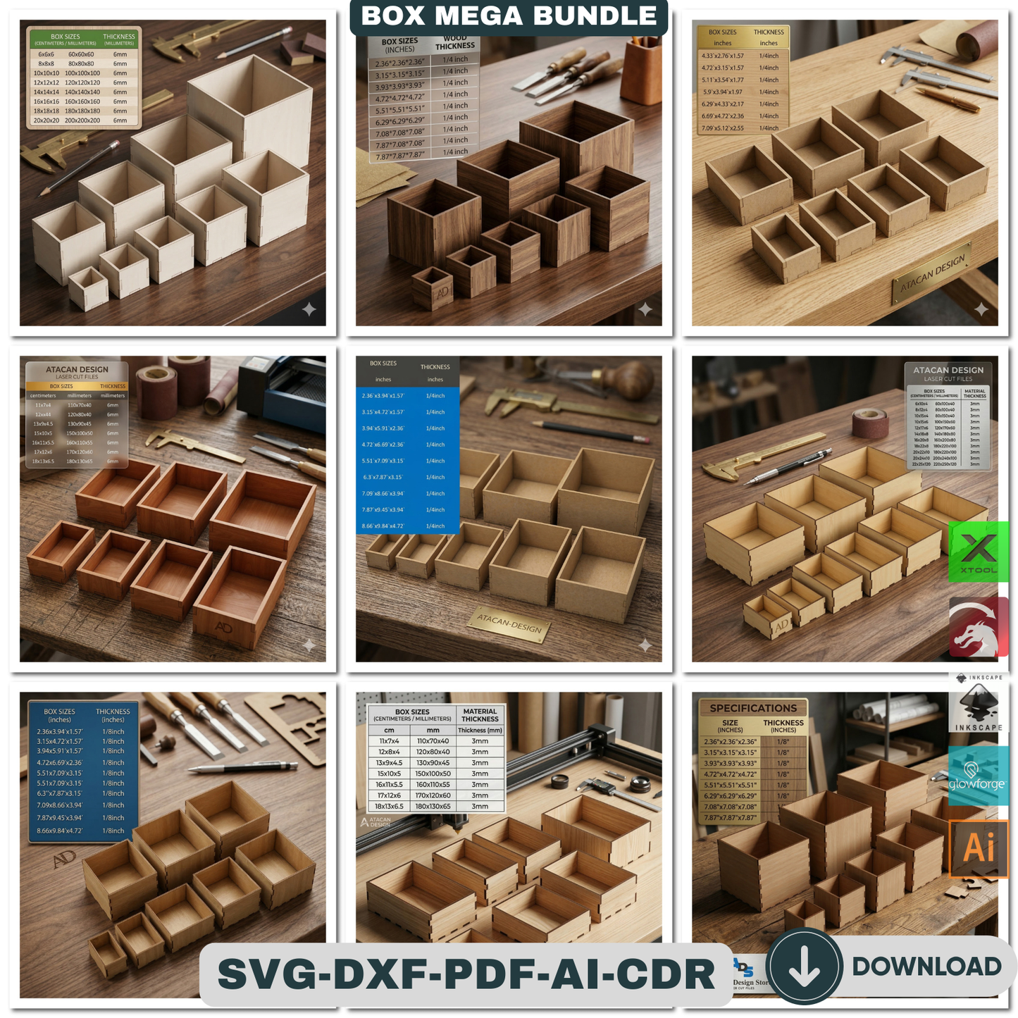 72 Piece Mega Box Bundle Laser Cut Wooden Box Templates Nesting Storage Organizer 503