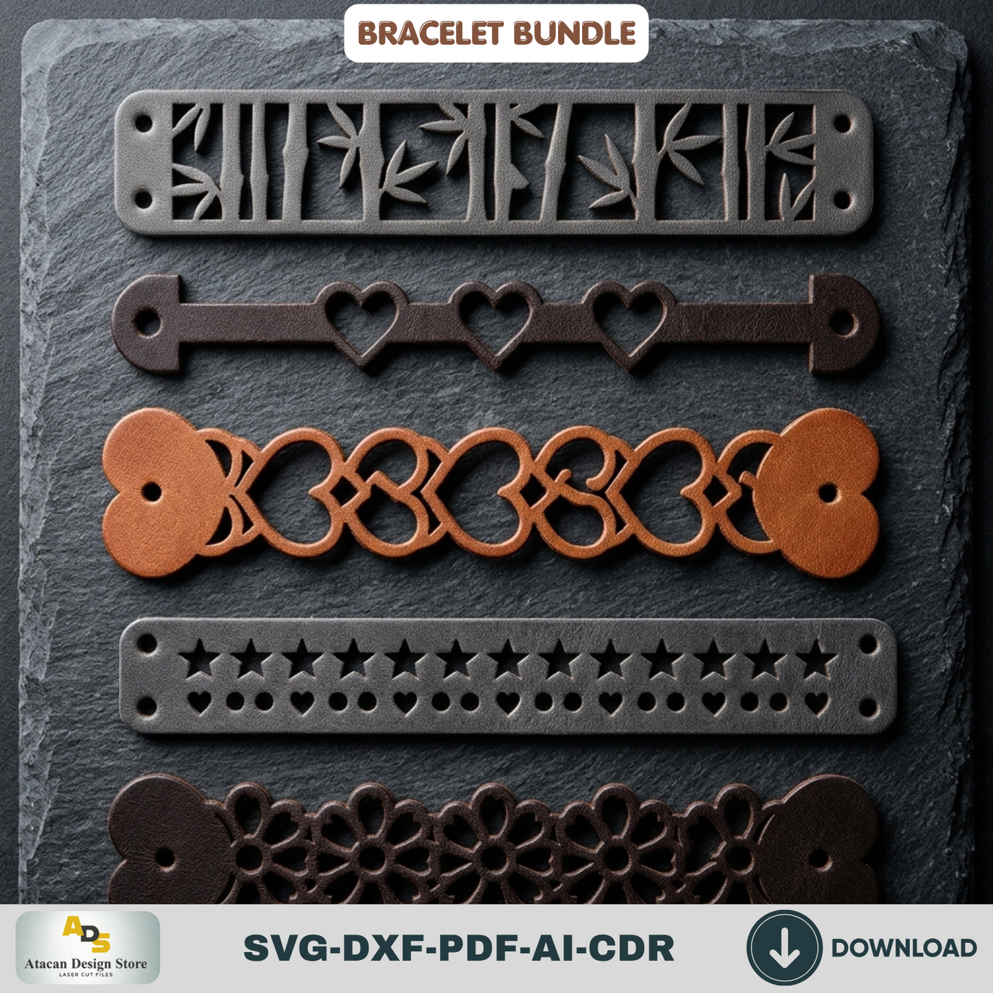 Leather Bracelet Laser Cut Template Bundle, Boho Geometric Cuff Wristband Pattern