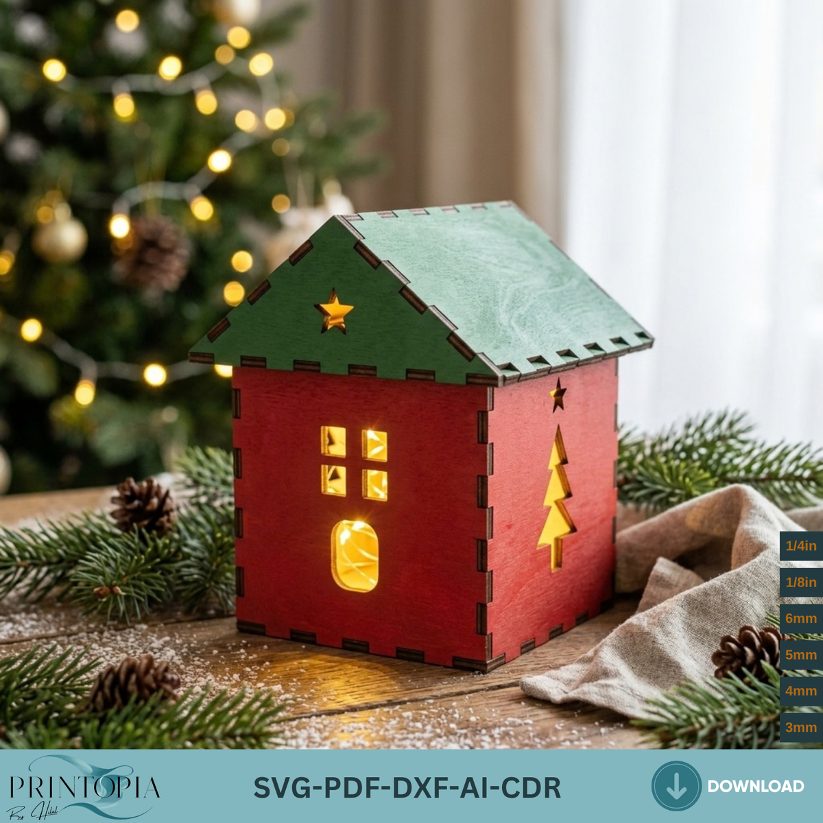 Christmas House Tealight Holder Laser Cut Template, Wooden Holiday Lanternn373