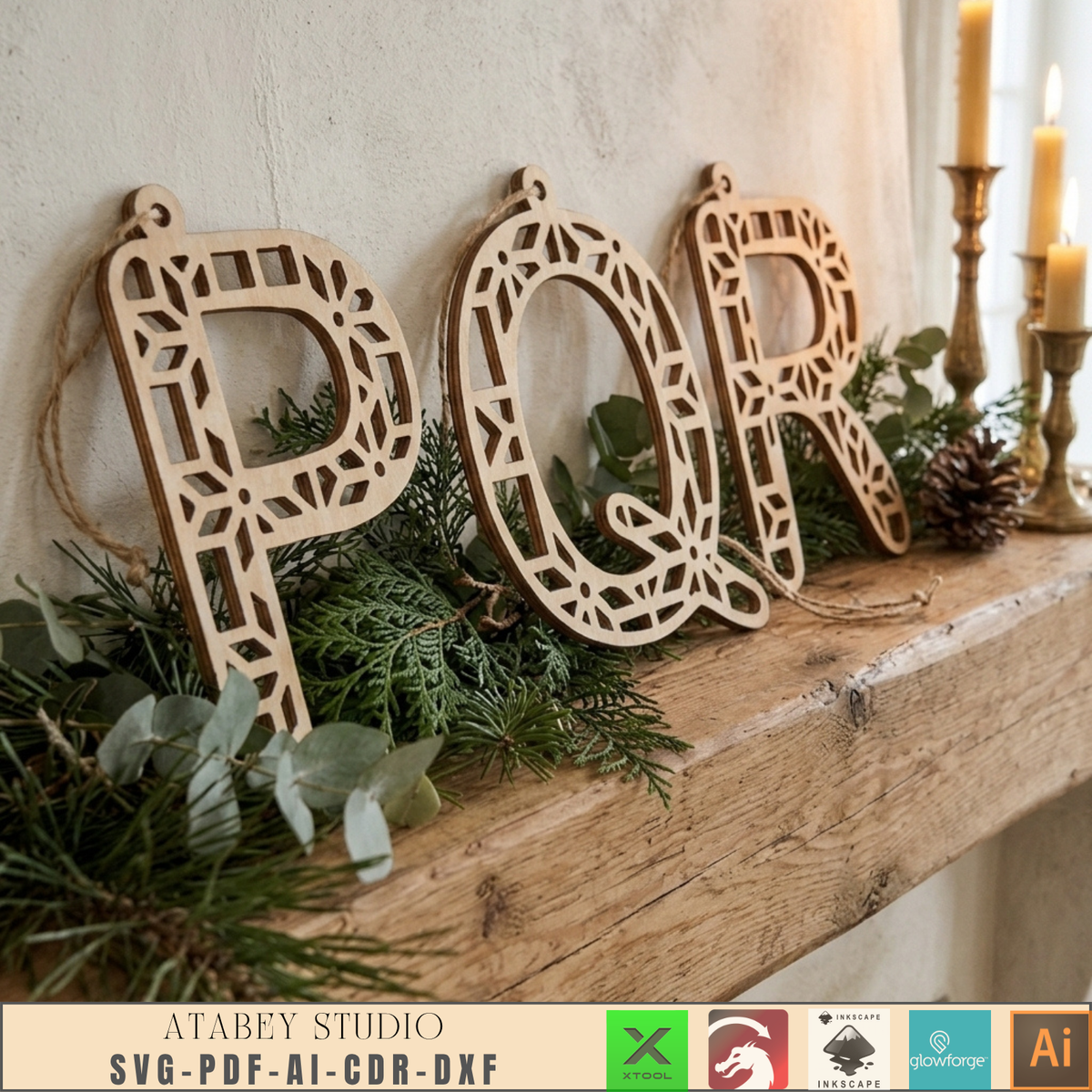 Wooden Alphabet Christmas Ornament Laser Cut File A-Z Letter Decor Laser Cut Templates 1036