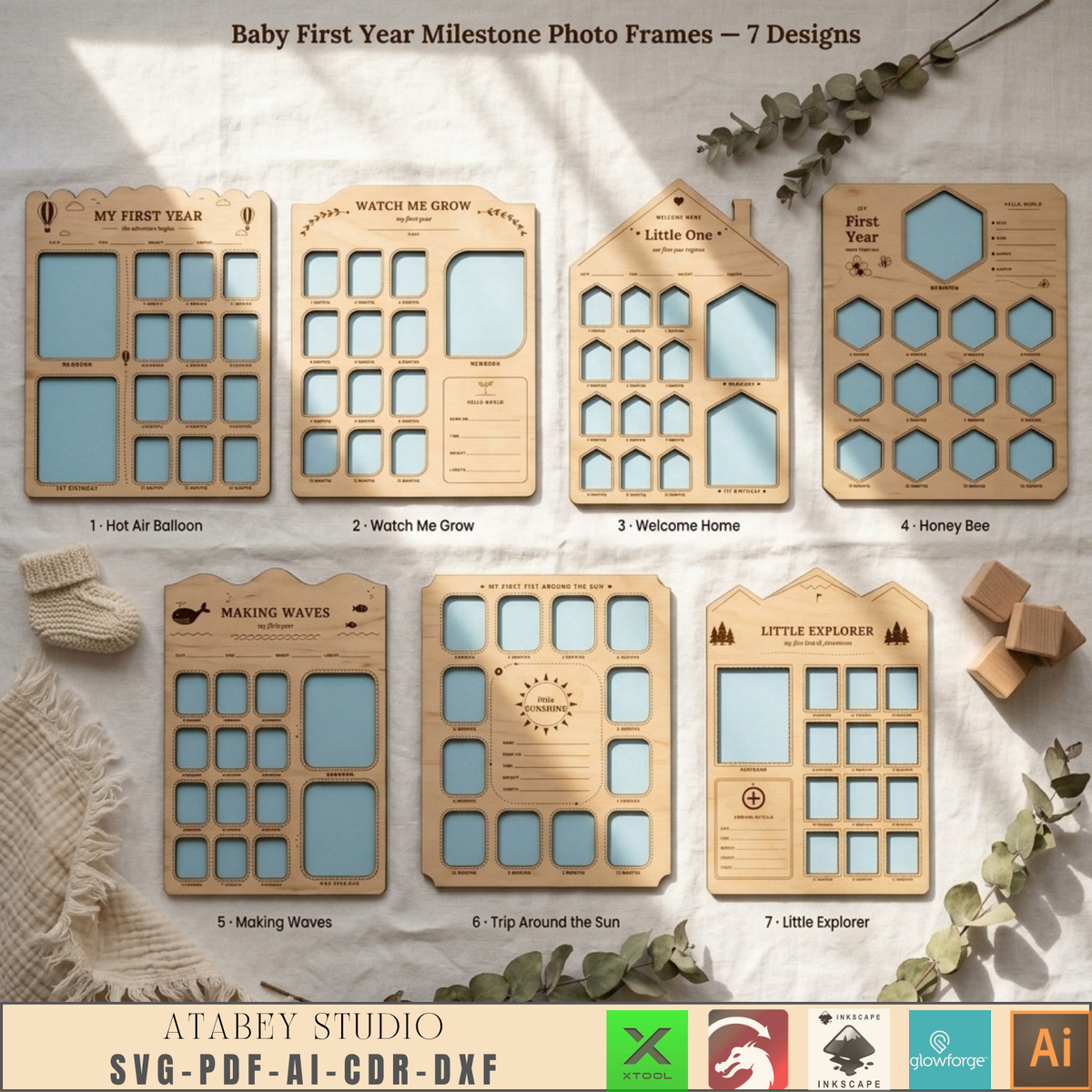 First Year Milestone Photo Board Collection – 7 Themed Laser Cut Templates