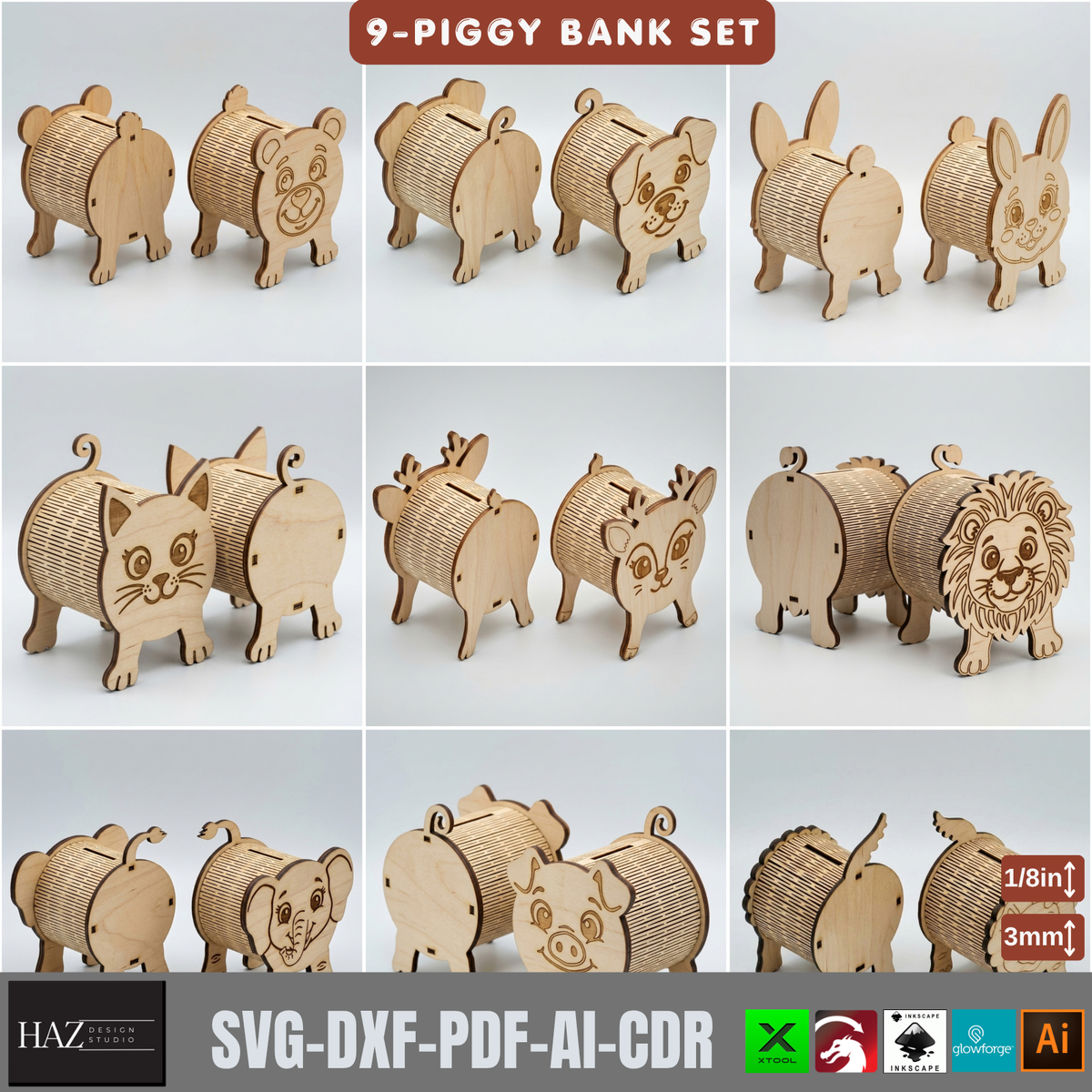 Wooden Animal Money Box Laser Cut Template, Cat Dog Pig Piggy Bank Set 574