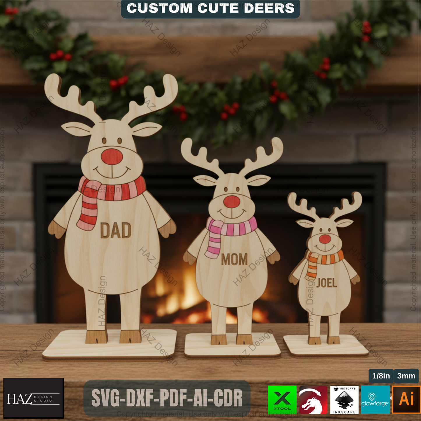Freestanding Reindeers, DEER Family Names Laser Engraved, Wooden Standing Deers Cutting Templates 499