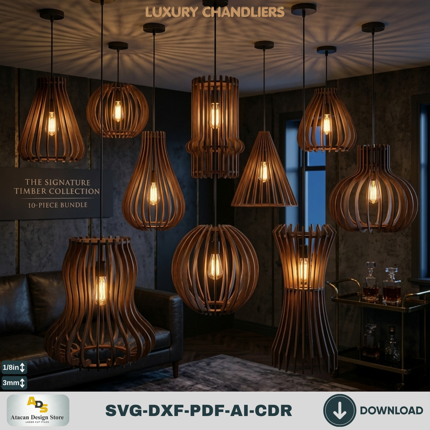 10 Wood Pendant Lamp Laser Cut Files Bundle, DIY Chandelier Shade Templates