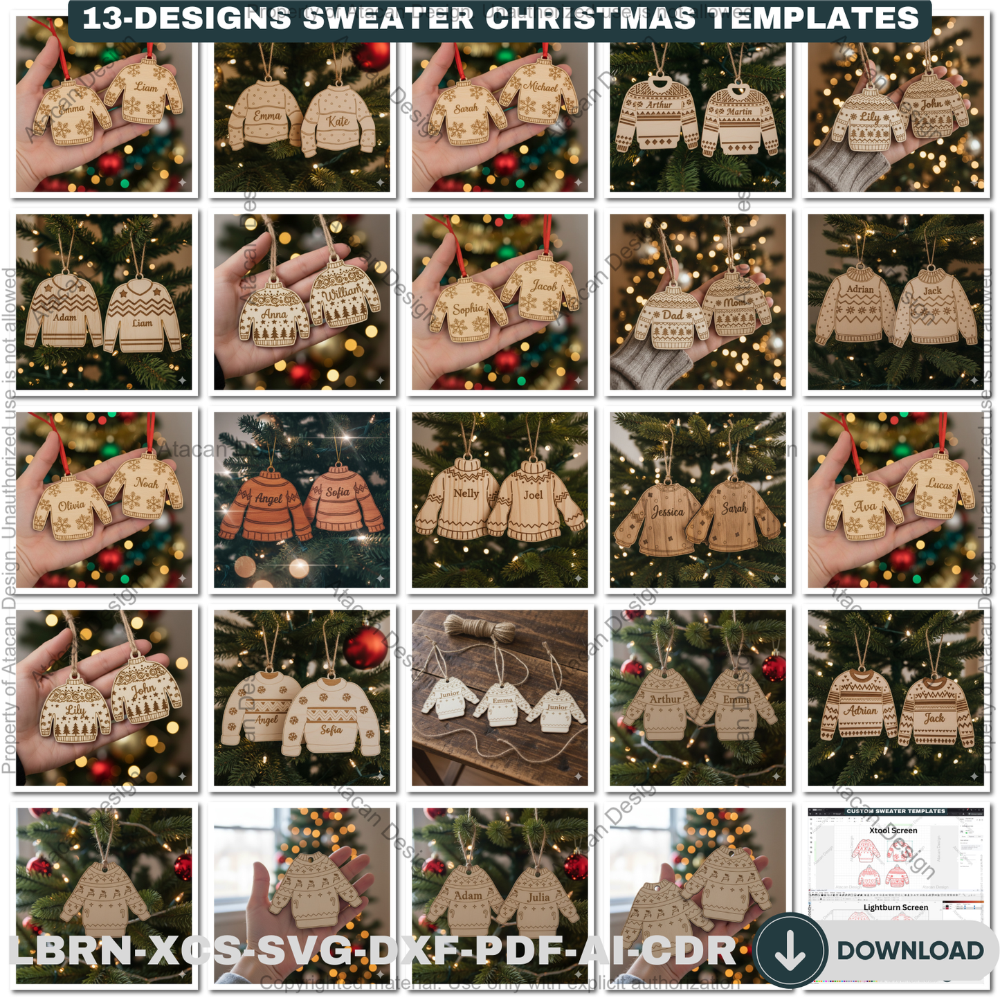 Personalized Sweater Christmas Ornament Bundle | 13 Holiday Designs | Laser Cut Template Set for DIY Xmas Gifts 918