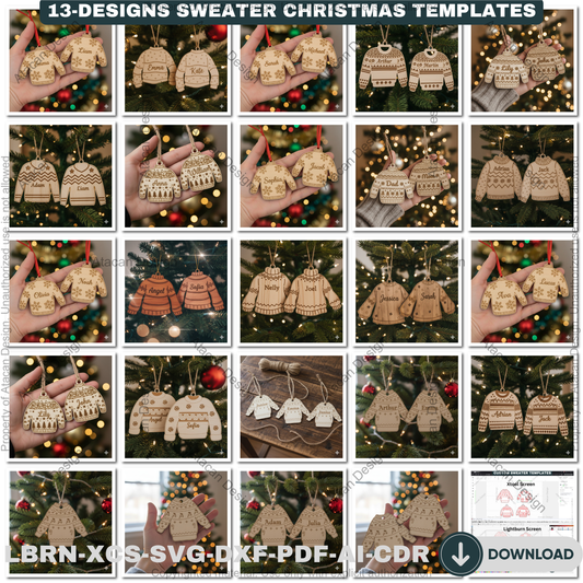 Personalized Sweater Christmas Ornament Bundle | 13 Holiday Designs | Laser Cut Template Set for DIY Xmas Gifts 918