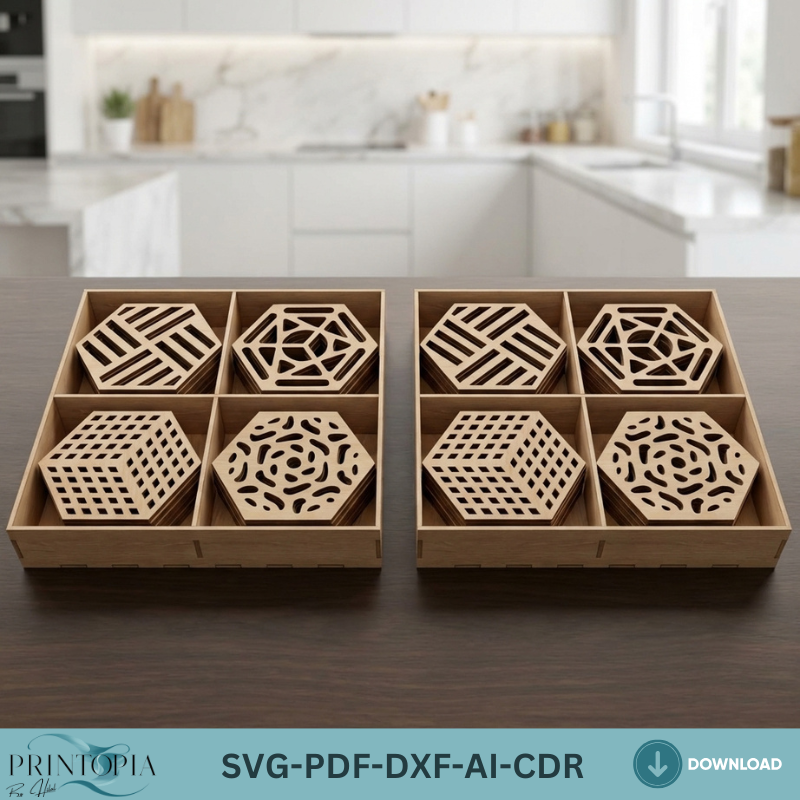 Geometric Laser Cut Coasters with Box Holder Set Modern Drink Coaster Bundle 030
