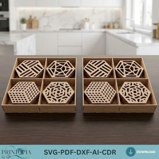 Geometric Laser Cut Coasters with Box Holder Set Modern Drink Coaster Bundle 030