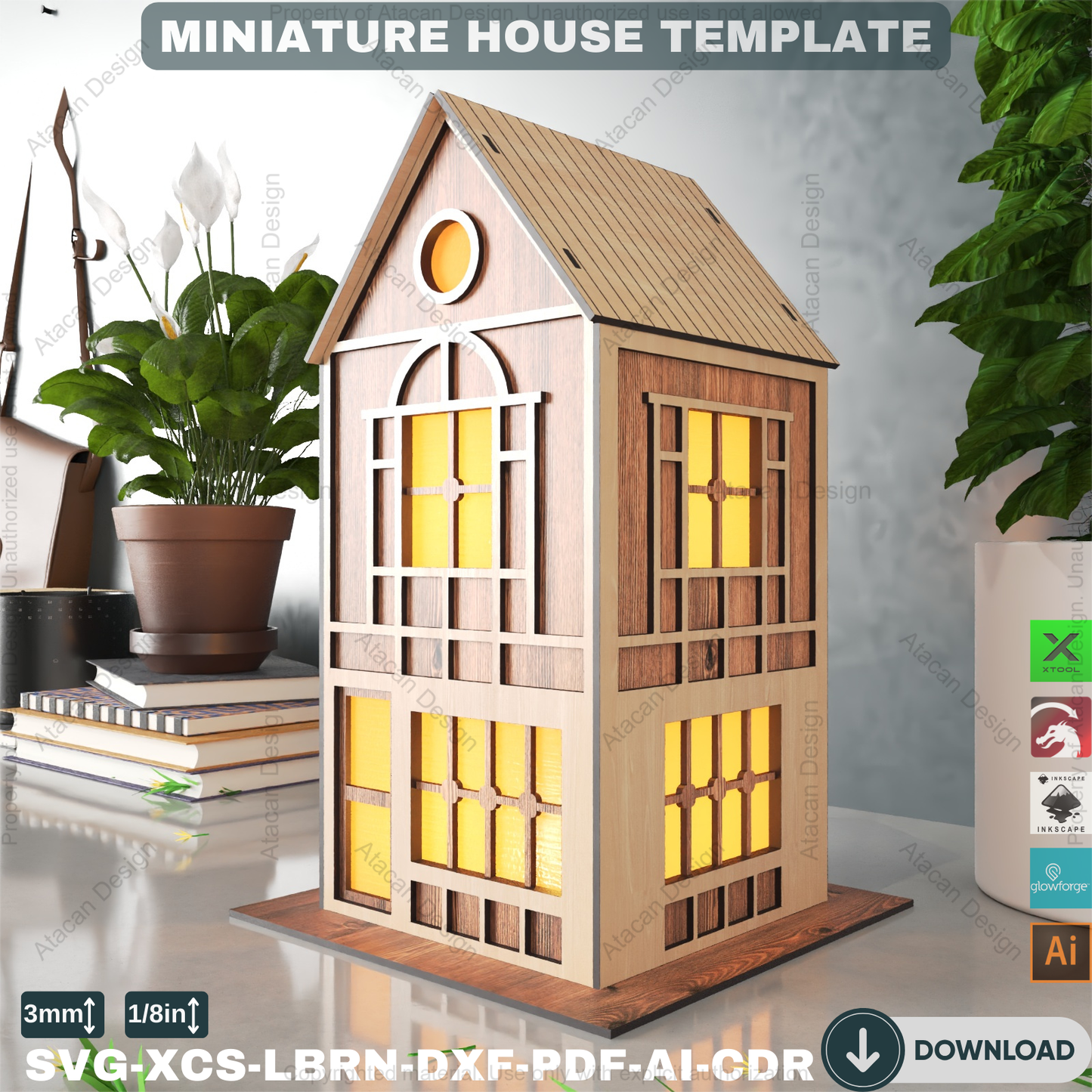 DIY Wooden House Luminary Template | Laser Cut Miniature Village | Table Lamp Design 885