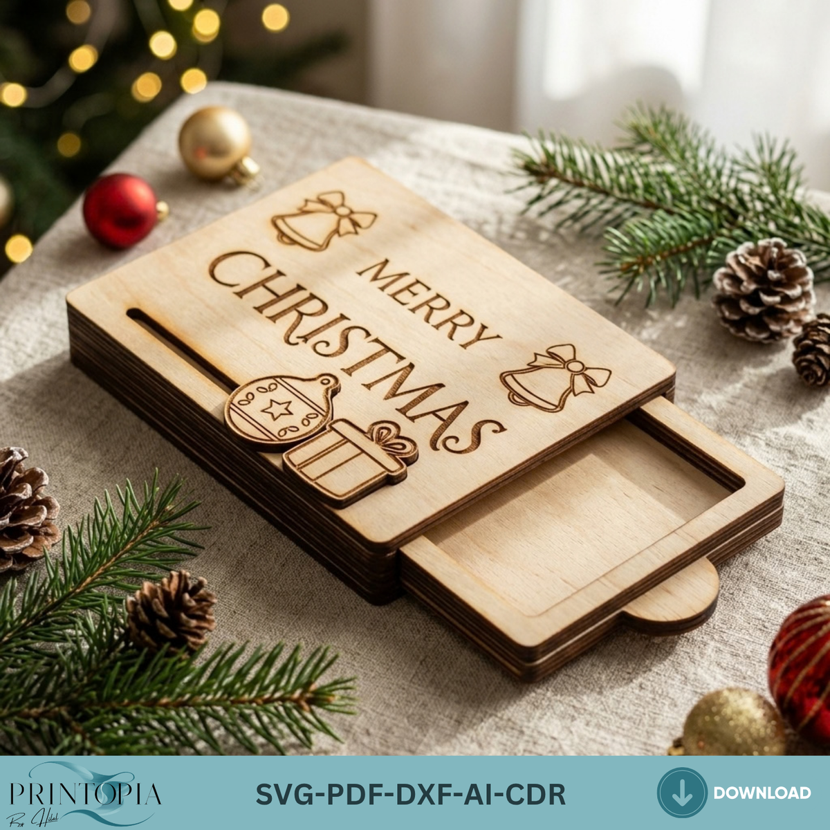 Sliding Drawer Gift Card Box Laser Cut Template – Festive Christmas Wood Design