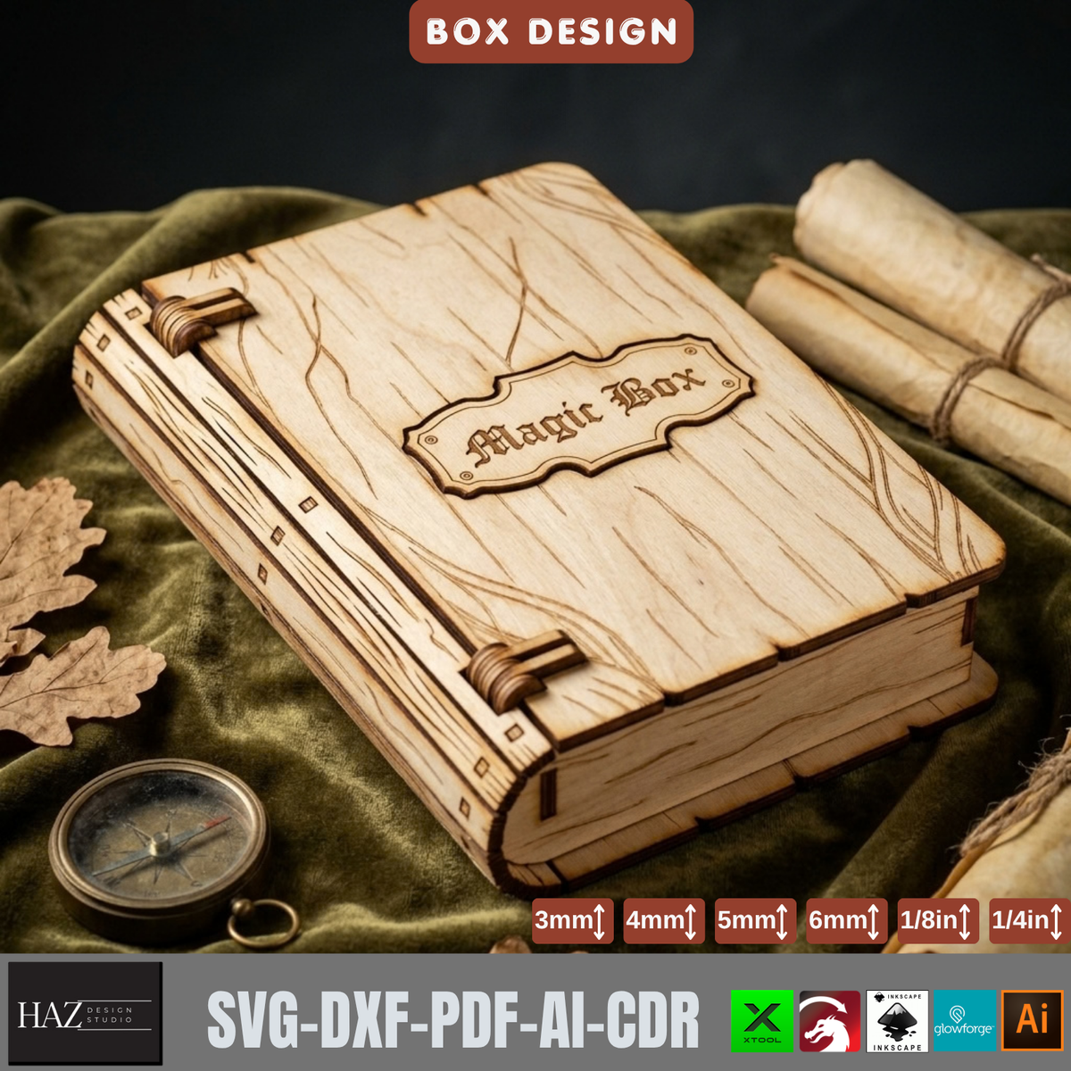 Magic Book Box Laser Cut File | Gothic Wooden Box SVG DXF Glowforge xTool