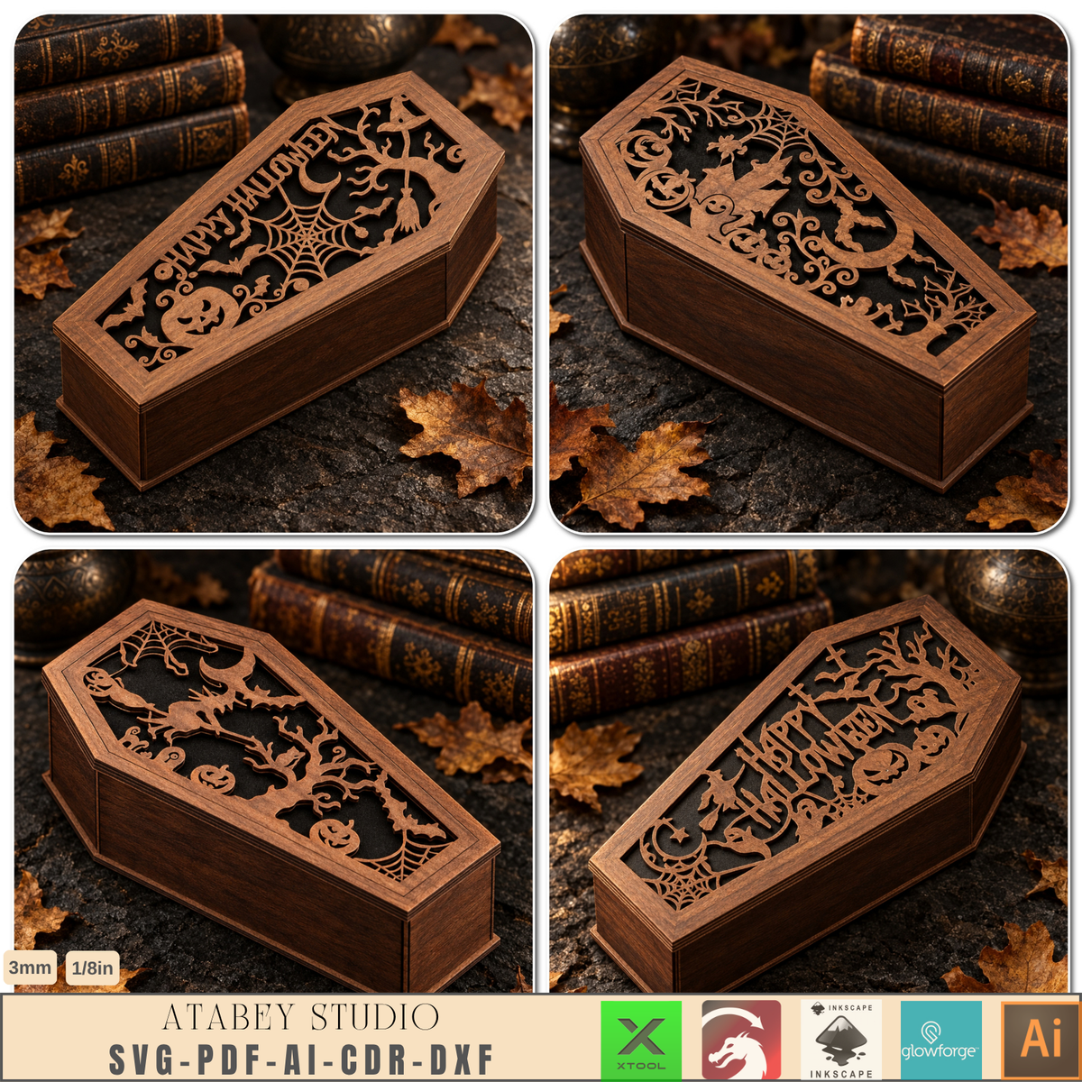 Halloween Coffin Box Laser Cut Bundle, Gothic Wooden Keepsake Casket, Trick or Treat Candy Box 1025