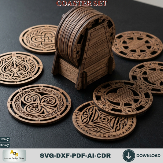 Norse Rune Coaster Template with Stand, Celtic Card Suit Drink Coasters, Laser Cut Bar Gift Bundle