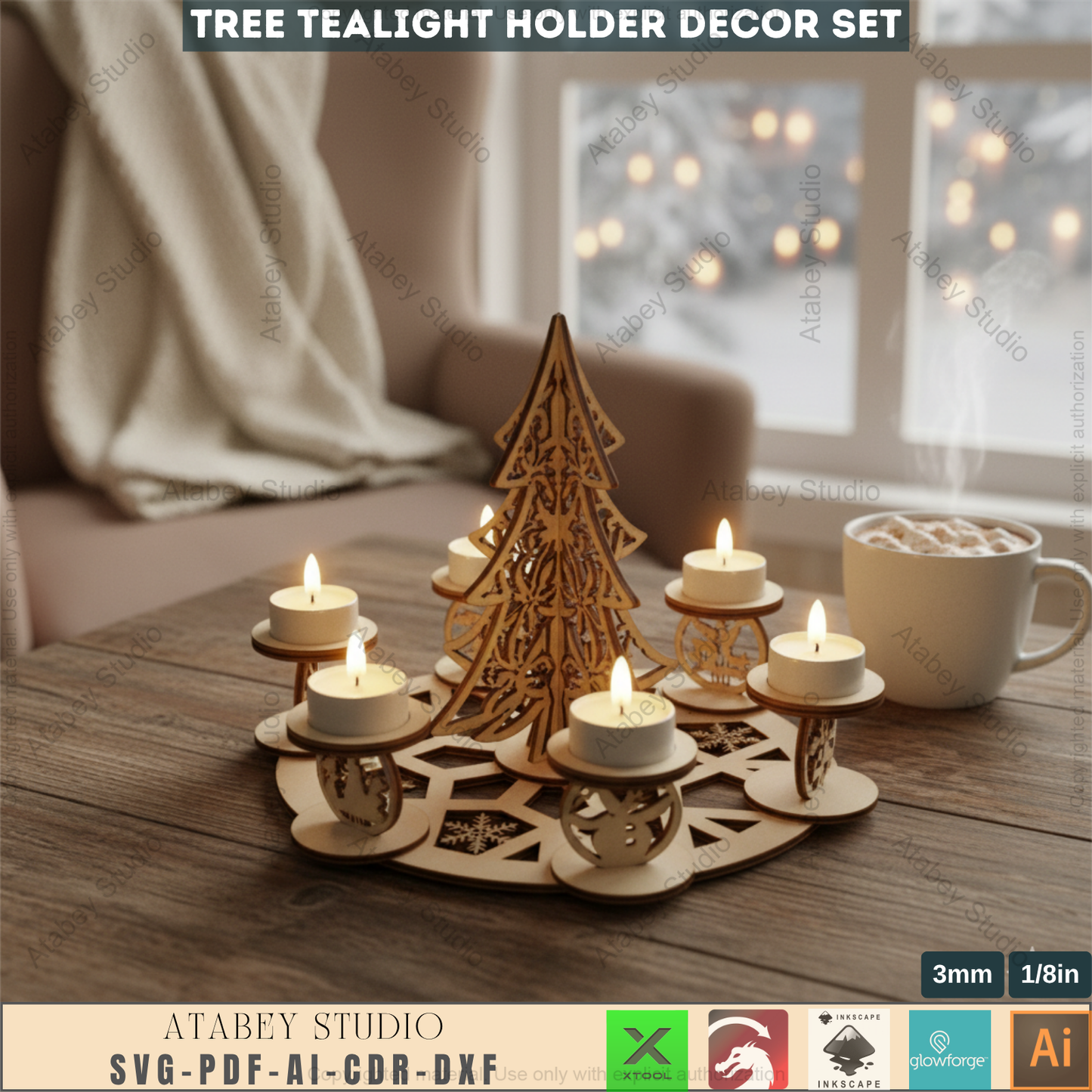 Festive Tree Lantern, Holiday Tea Light, New Year Themed Laser Cut Digital Download, Laser File Christmas Candles Tealight Holder Trees File Candle holder Christmas SVG, Christmas Snowflake trees candles Advent wreath laser file tealight  968