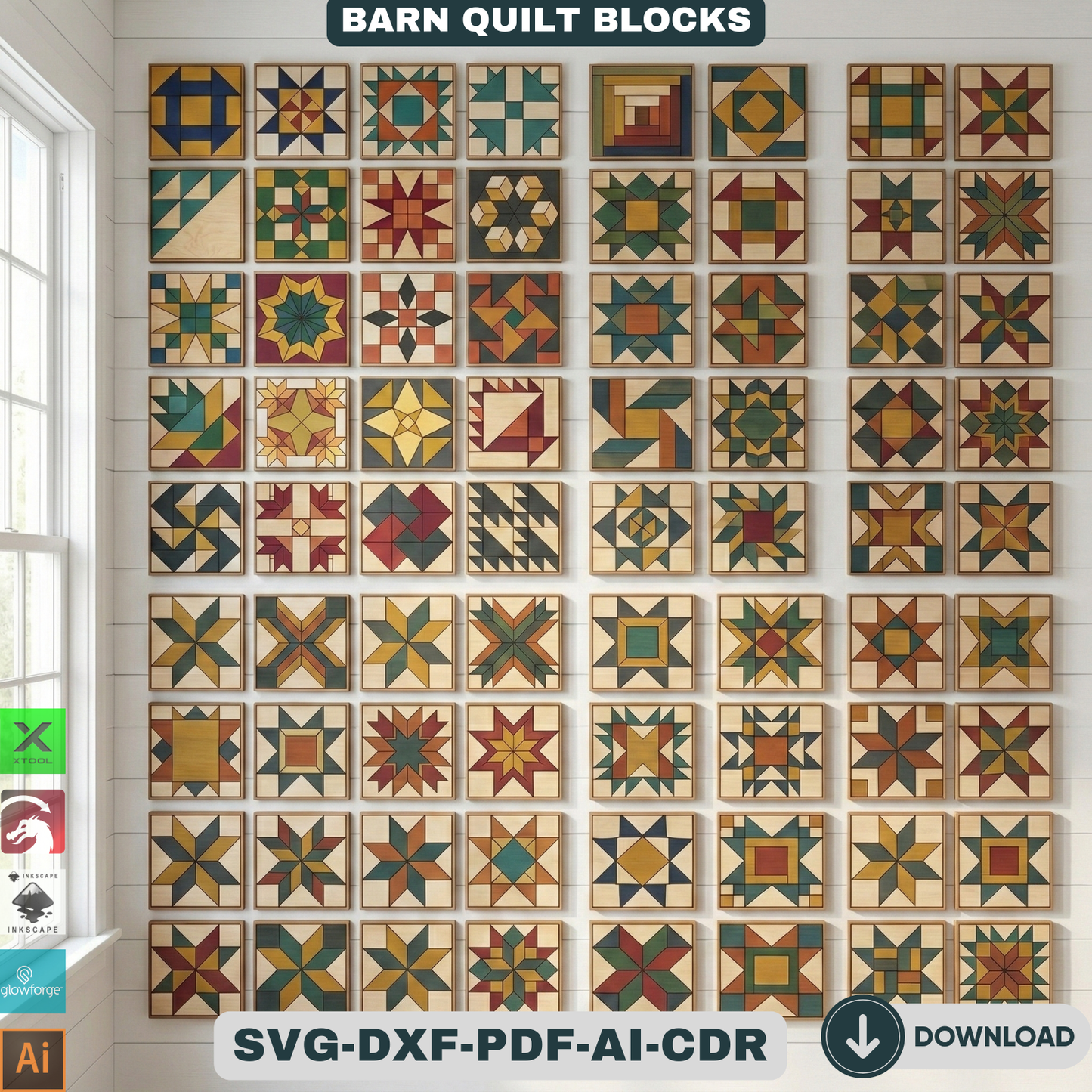 Quilt Block Patterns Laser Cut Template Modern Mosaic Wood Wall Art Farmhouse Decor DIY Patchwork Sign 936