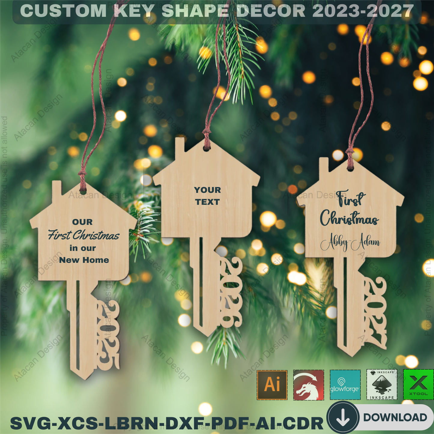 Personalized House Key SVG Bundle, Our First Home Xmas, Real Estate Client Gift, Laser Engraving Design 2023-2027