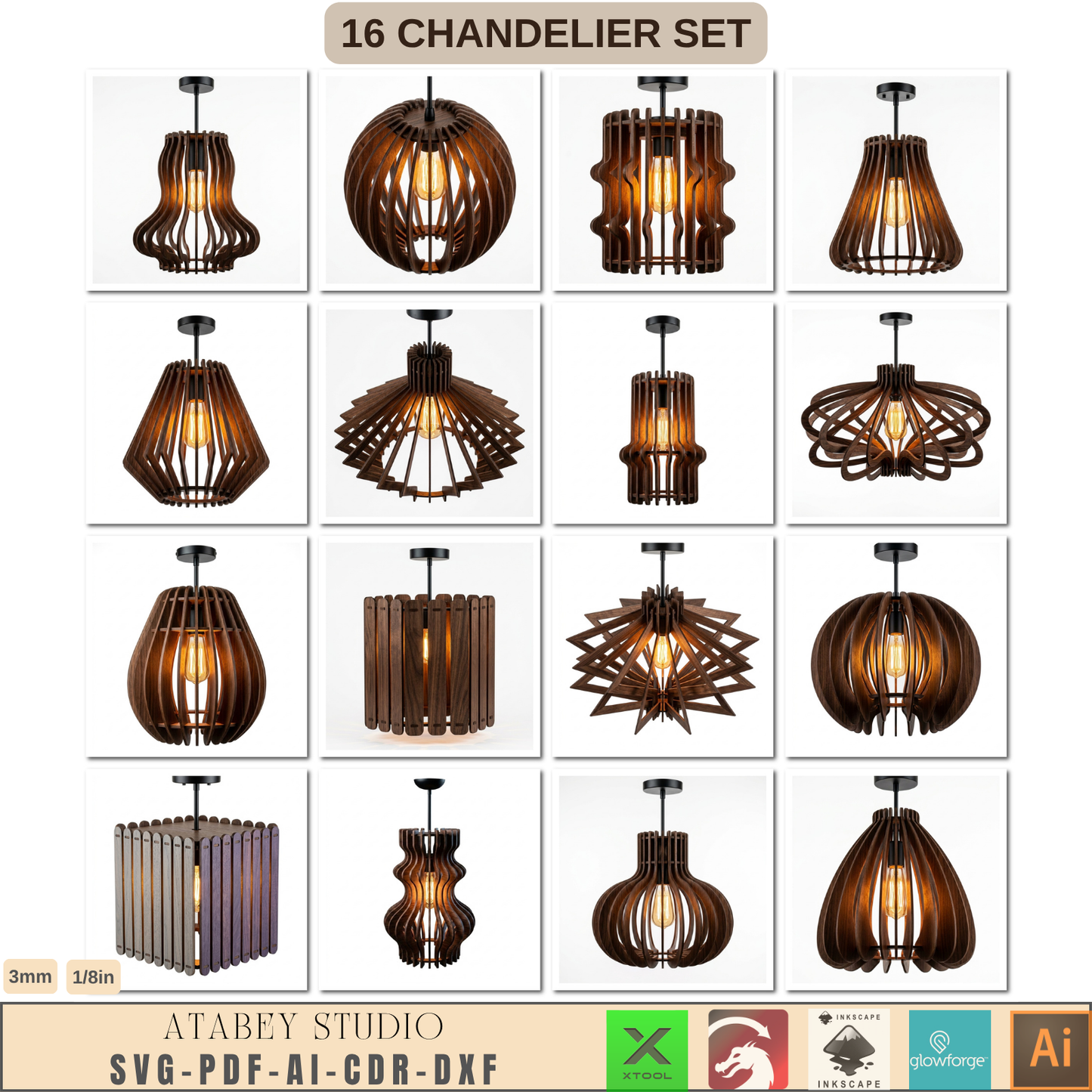 16 Wooden Chandelier Laser Cut Pendant Lamp Shade Templates Plywood Hanging Light