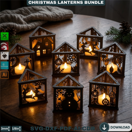 Christmas Lantern Bundle Laser Cut Files, Triangle Tealight Holder, Wooden Xmas Table Decor, Holiday Candle Box 928