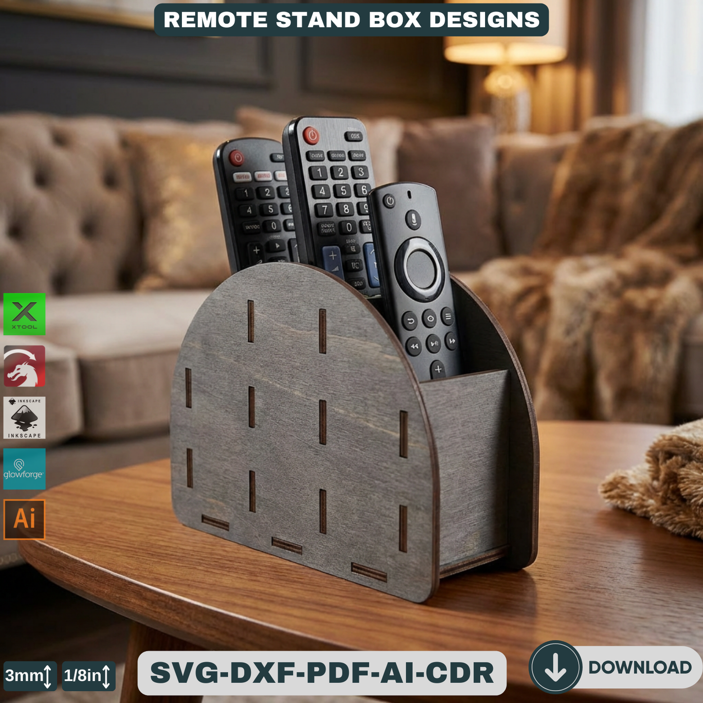 Remote Control Holder Pattern | Wooden TV Accessory Organizer Template | Living Room Storage Box 939