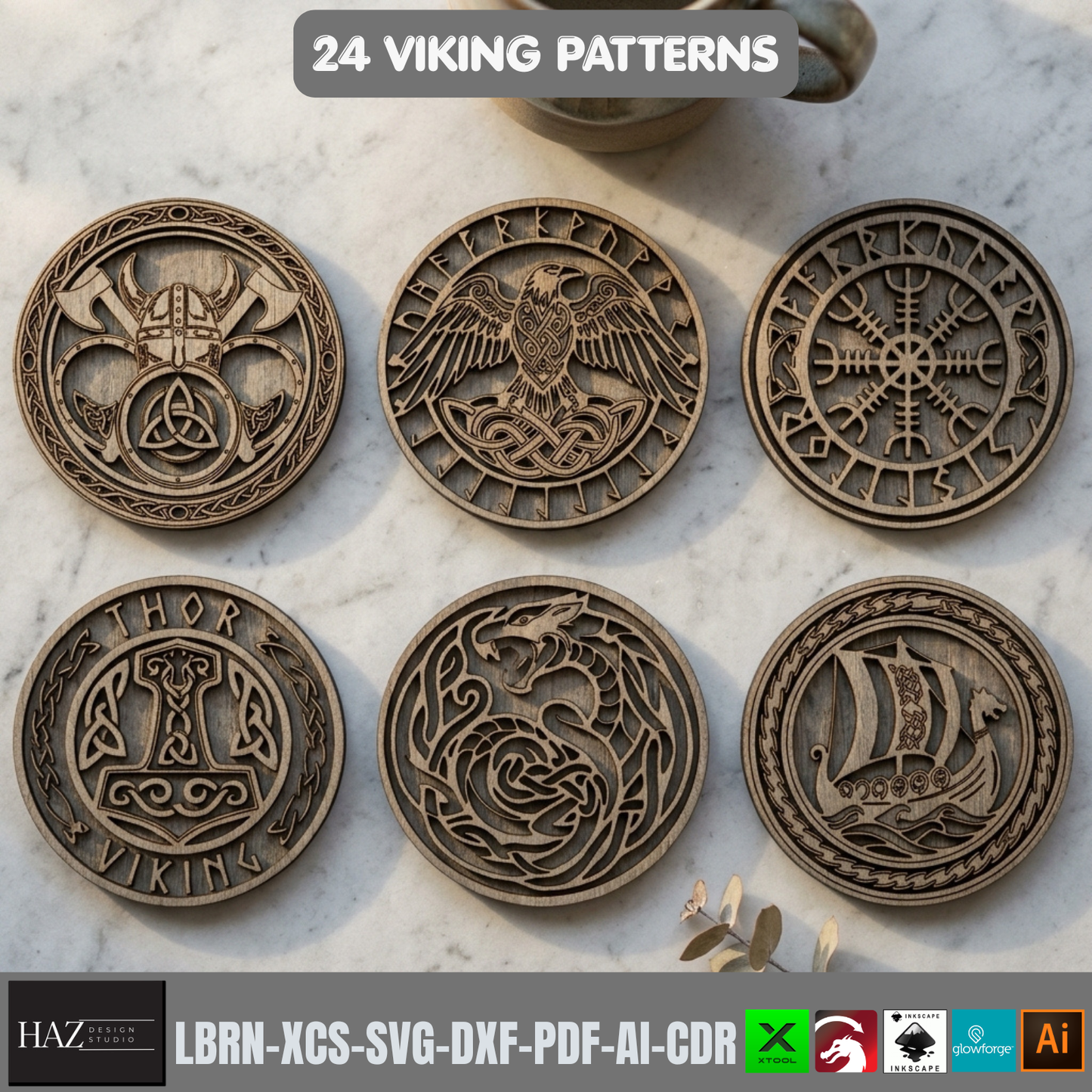 24 Viking Celtic Knot Coaster Laser Cut Patterns Bundle Norse Mythology Wood