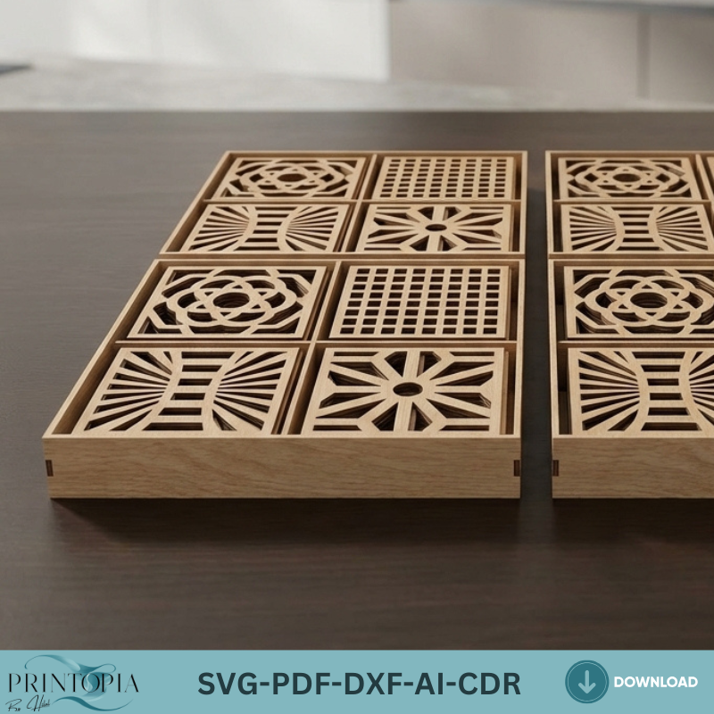 Geometric Wood Drink Coasters Set with Storage Box Laser Cut Patterns Home Decor Gift Ideas