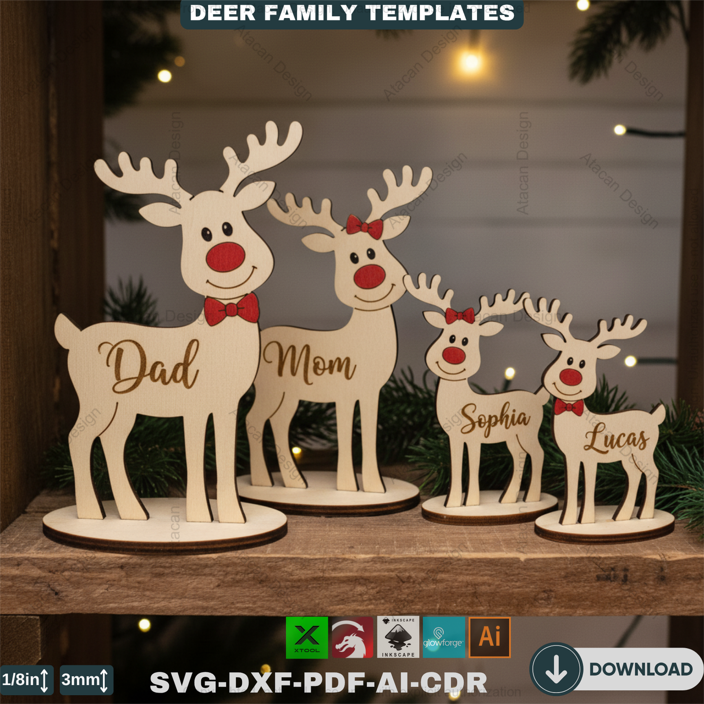 Custom Standing Reindeer Family Names Ornament, Freestanding Deer Laser Engraved Cut File, Christmas Decorations 916
