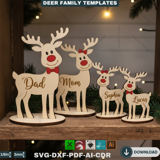 Custom Standing Reindeer Family Names Ornament, Freestanding Deer Laser Engraved Cut File, Christmas Decorations 916