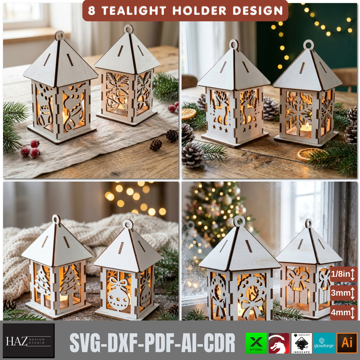 8 Christmas Tealight Lantern Laser Cut Pattern Wooden Candle Holder Template