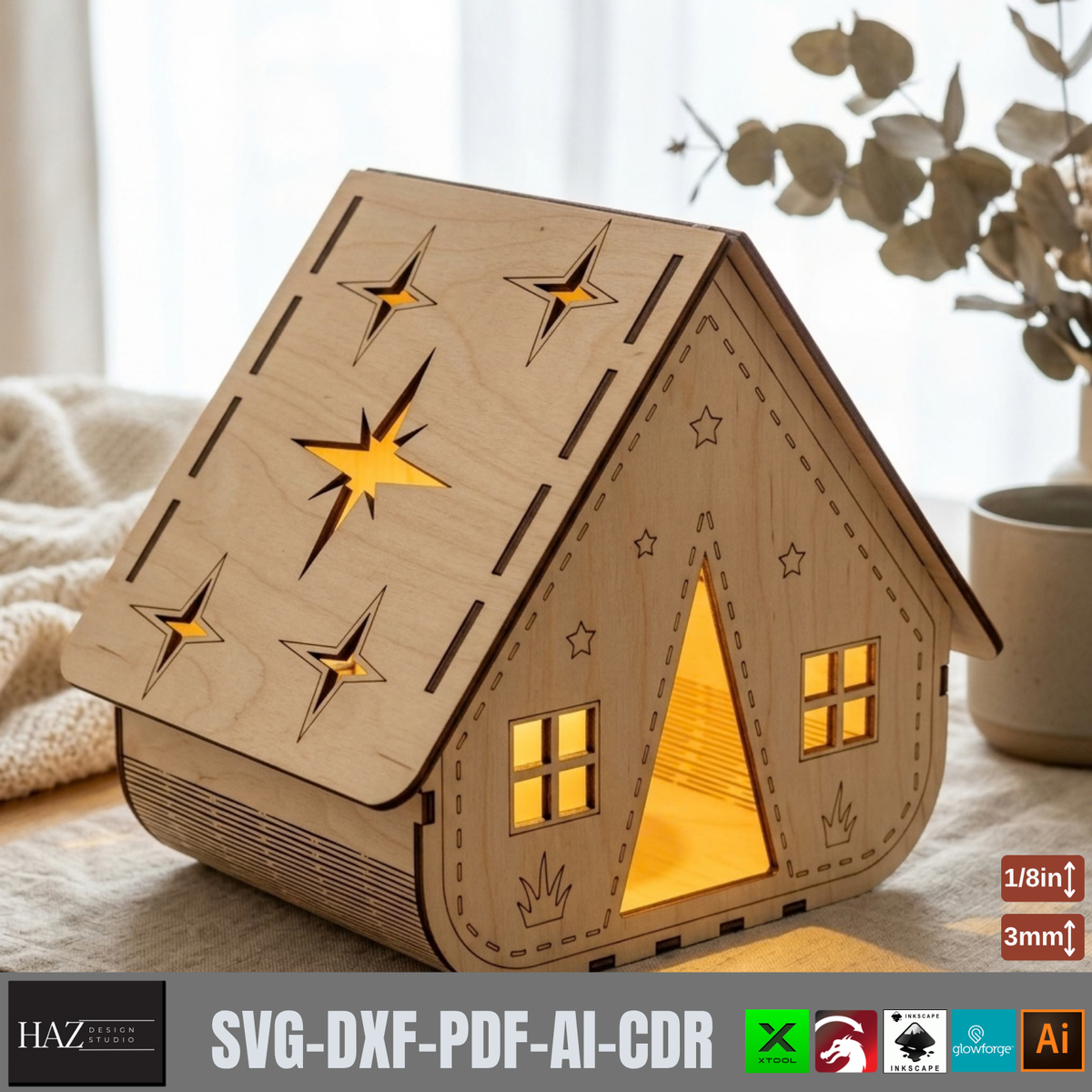 Wooden House Night Light Laser Cut Template, Tealight Candle Holder Plywood Decor 988