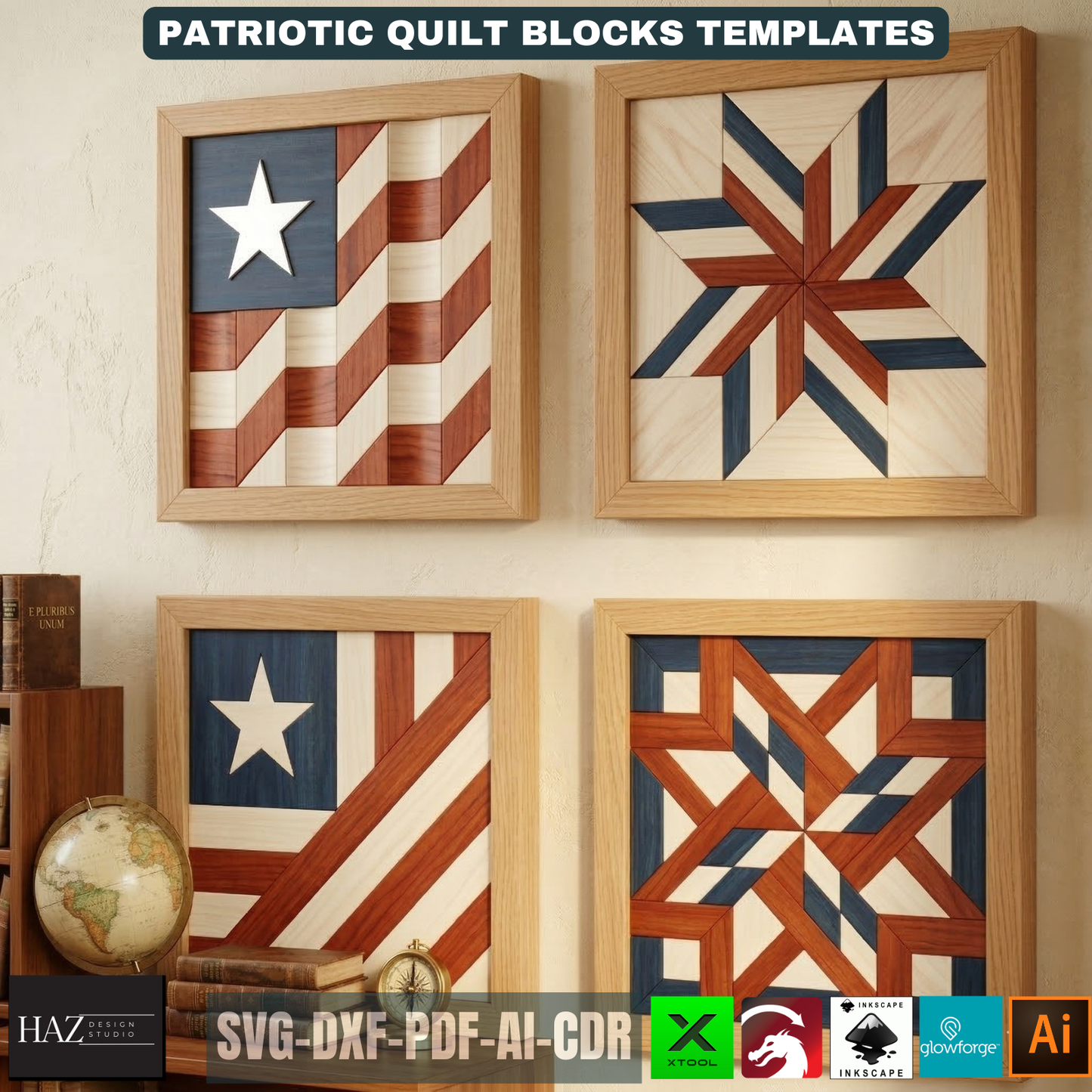 Patriotic Barn Quilt Block Pattern, Independence Day Wood Wall Art, American Flag Patchwork Frame 525