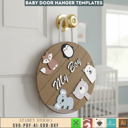 Baby Nursery Door Hanger SVG Bundle, Laser Cut Files for Newborn Gifts, Woodland Animals & Moon Themes, Digital Download