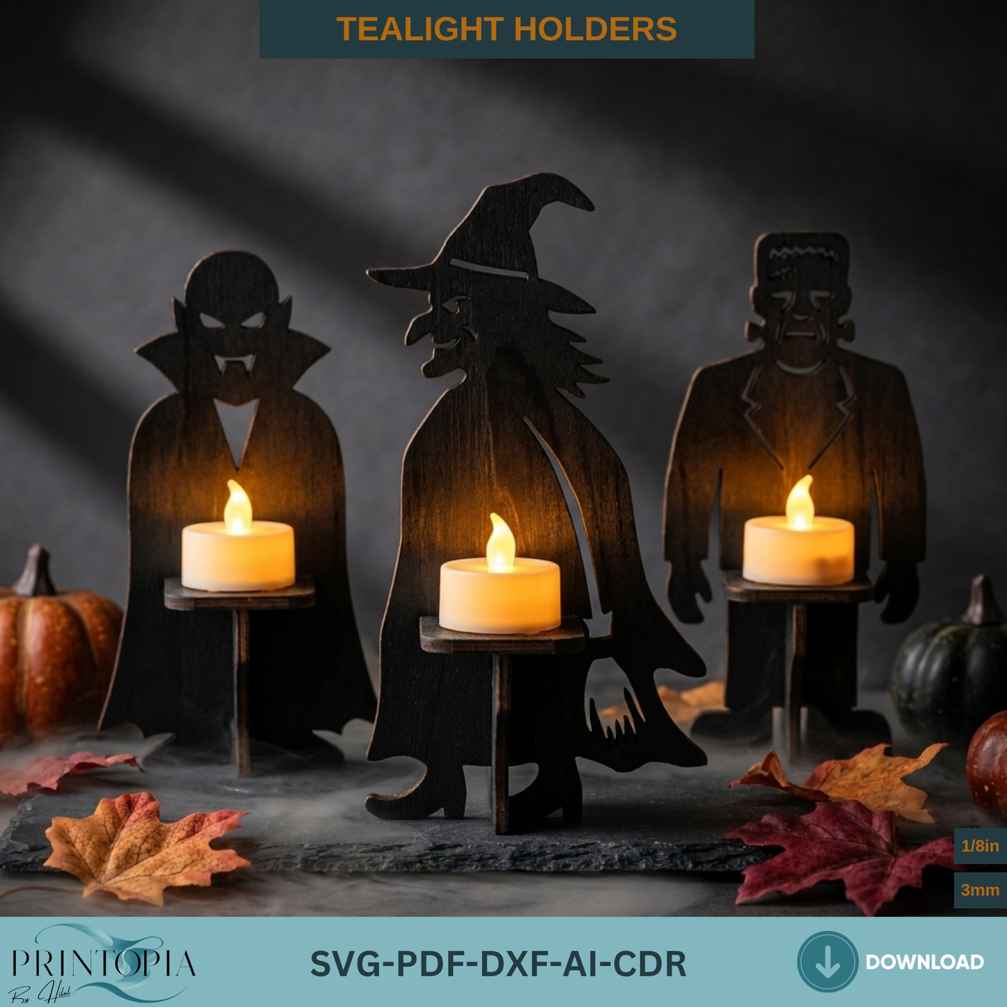 Halloween Monster Tealight Holder Laser Cut File SVG Vampire Witch Frankenstein