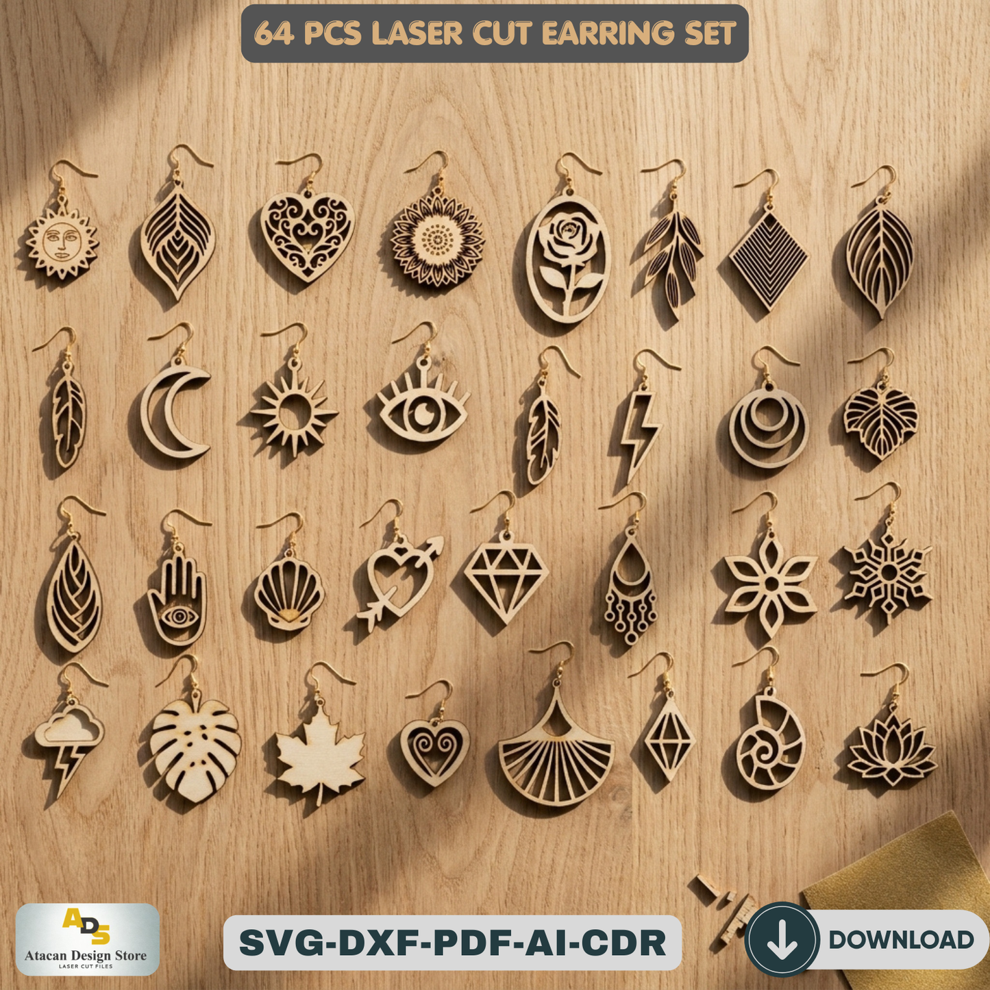 64 PCS Laser Cut Earring Set Wooden Jewelry Patterns for Glowforge DIY Earring Templates Wood Jewelry Designs