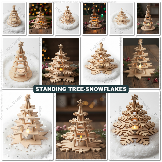 Wooden Snowflake Christmas Tree Light Decor Template Set Laser Cut Files for Holiday Table Centerpiece and Gift Craft 490