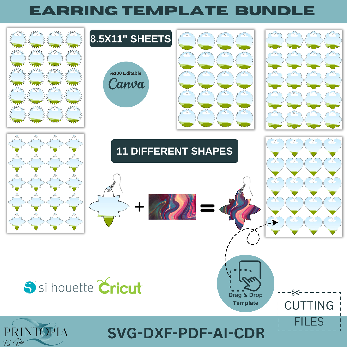 Earring Template Bundle - 11 Shapes for Earrings, svg, DXF, PDF, ai, CDR Cutting Files for Cricut & Silhouette 176