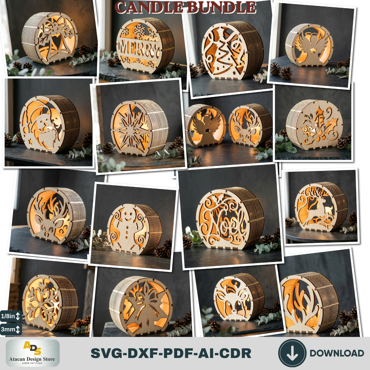 Laser Cut Christmas Lantern Bundle, Wooden Candle Holder Templates, Winter Table Decorations
