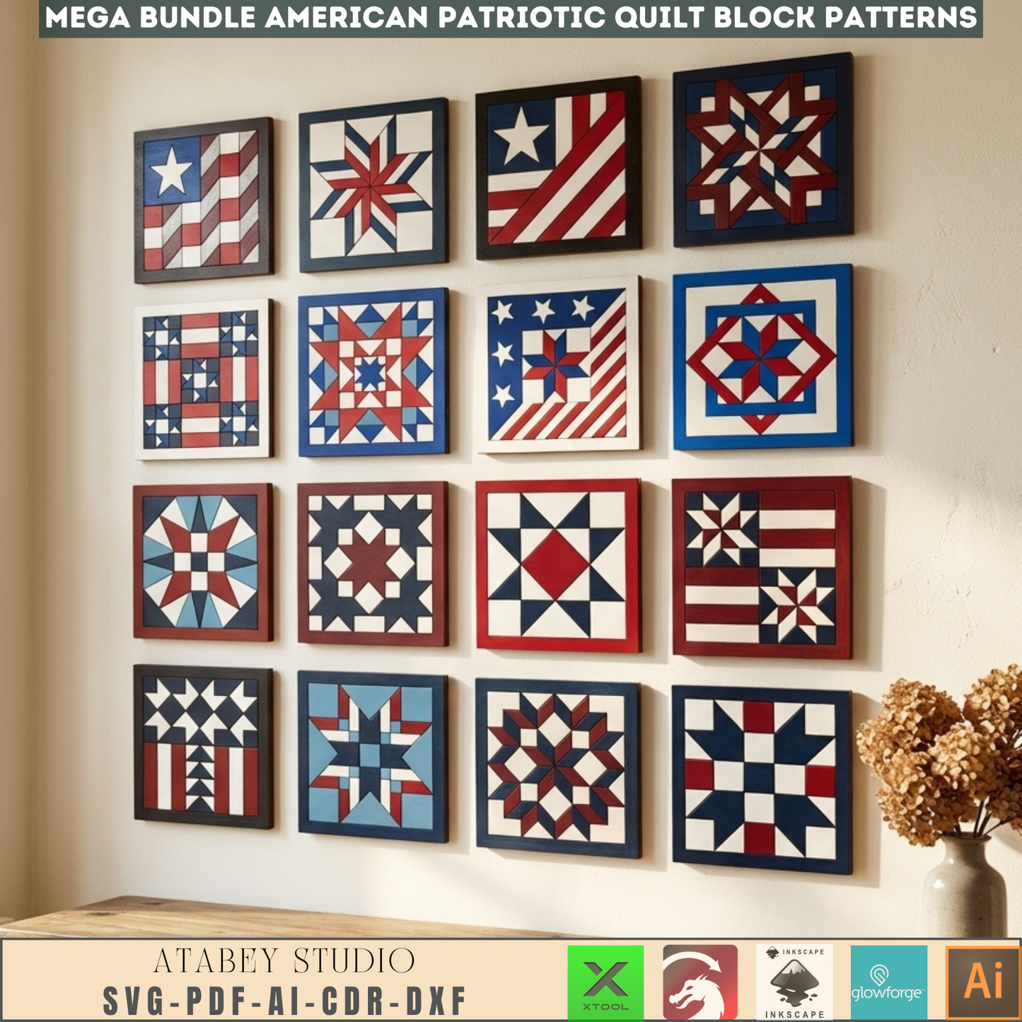 Patriotic Americana Quilt Block Wall Art Laser Cut Template Fourth of July Wooden Flag Pattern 999