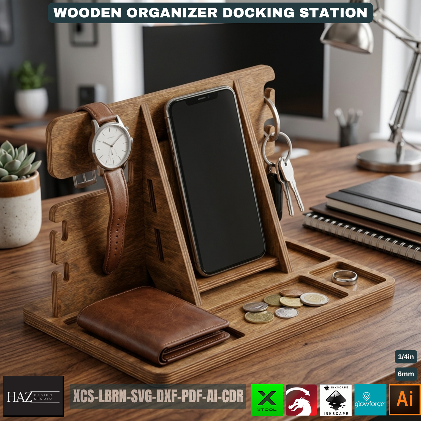 Wooden Docking Station Desk Organizer Phone Stand Men's Gift Bedside Organizer Wood Catchall Tray 530
