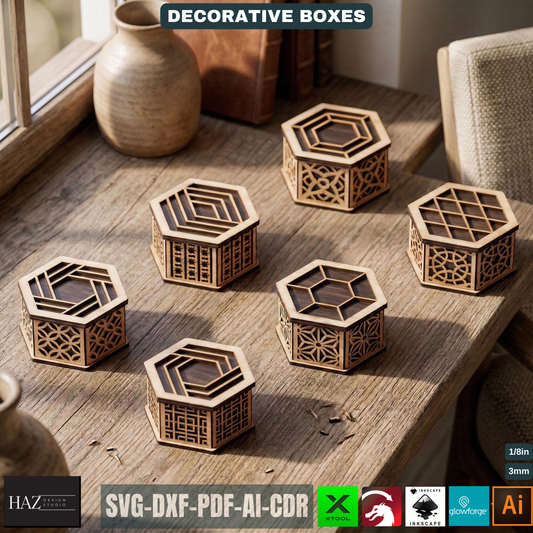 Decorative Hexagon Box Laser Cut Template Geometric Wood Storage Container Lidded Keepsake Pattern 521