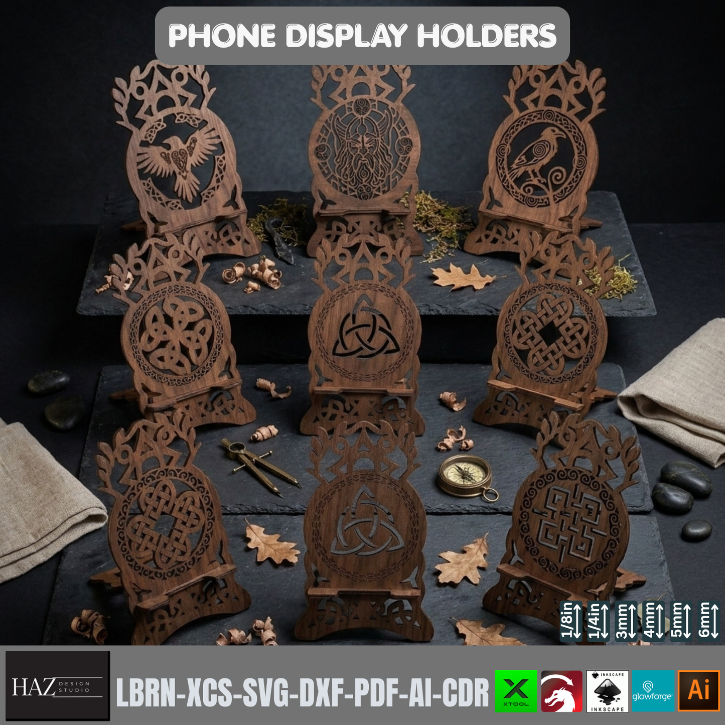 Celtic Viking Phone Stand Laser Cut File Set 9 Designs Wood Holder 562
