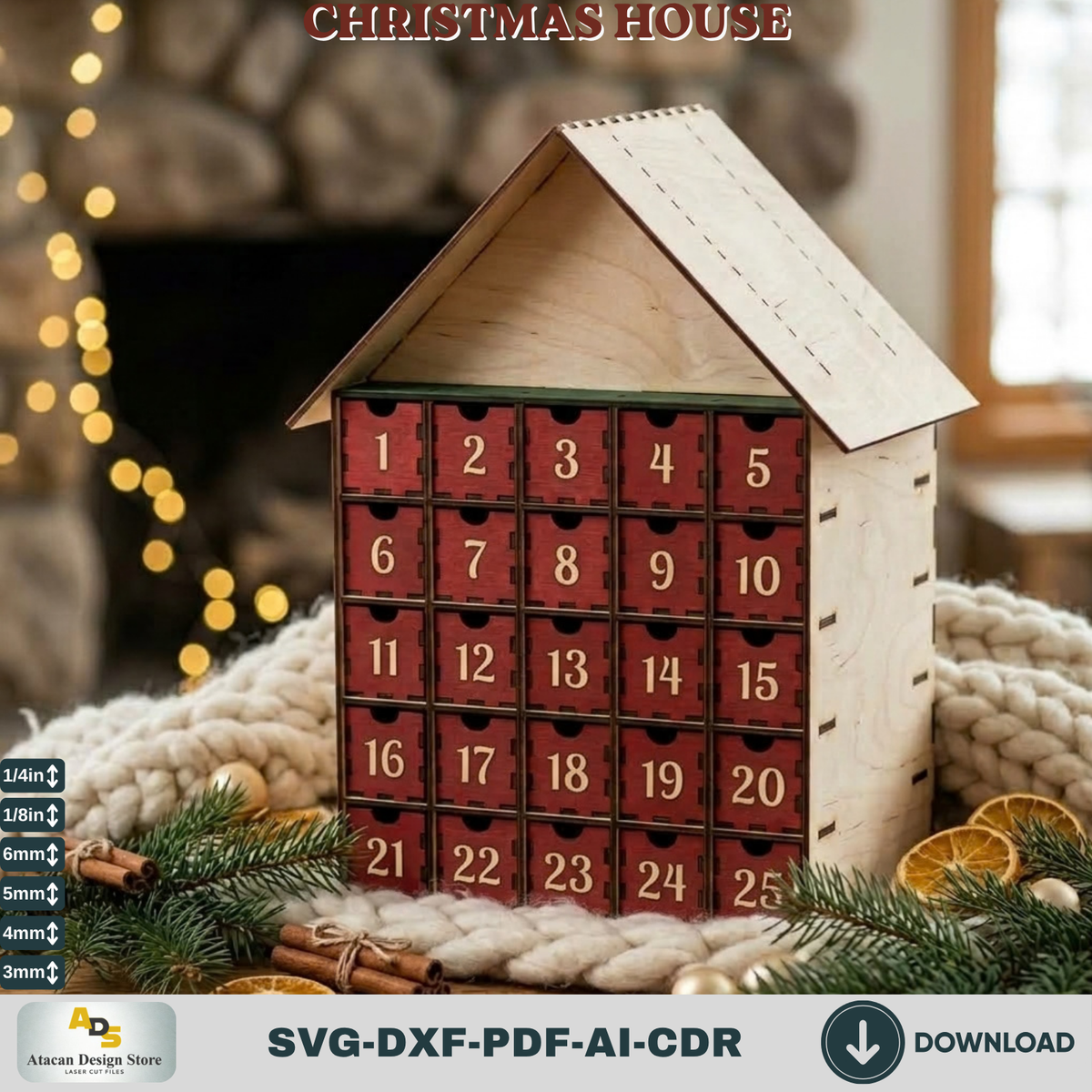 25 Drawer Christmas House Advent Calendar DIY Laser Cut Wooden Holiday Countdown