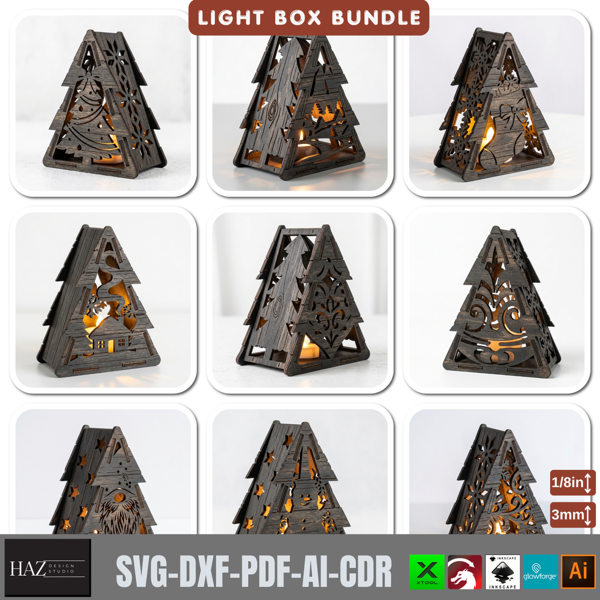 Wooden Christmas Light Box SVG Bundle, 9 Tealight Candle Holder Templates, Laser Cut Xmas Decor 580