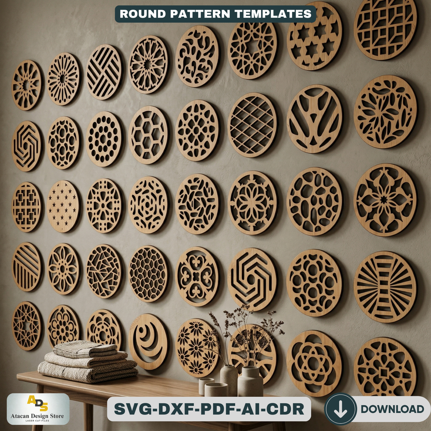 40 Coaster Svg Bundle, Wall Hanging laser cutting file, Laser Cut Vector Files, Coaster Templates 506